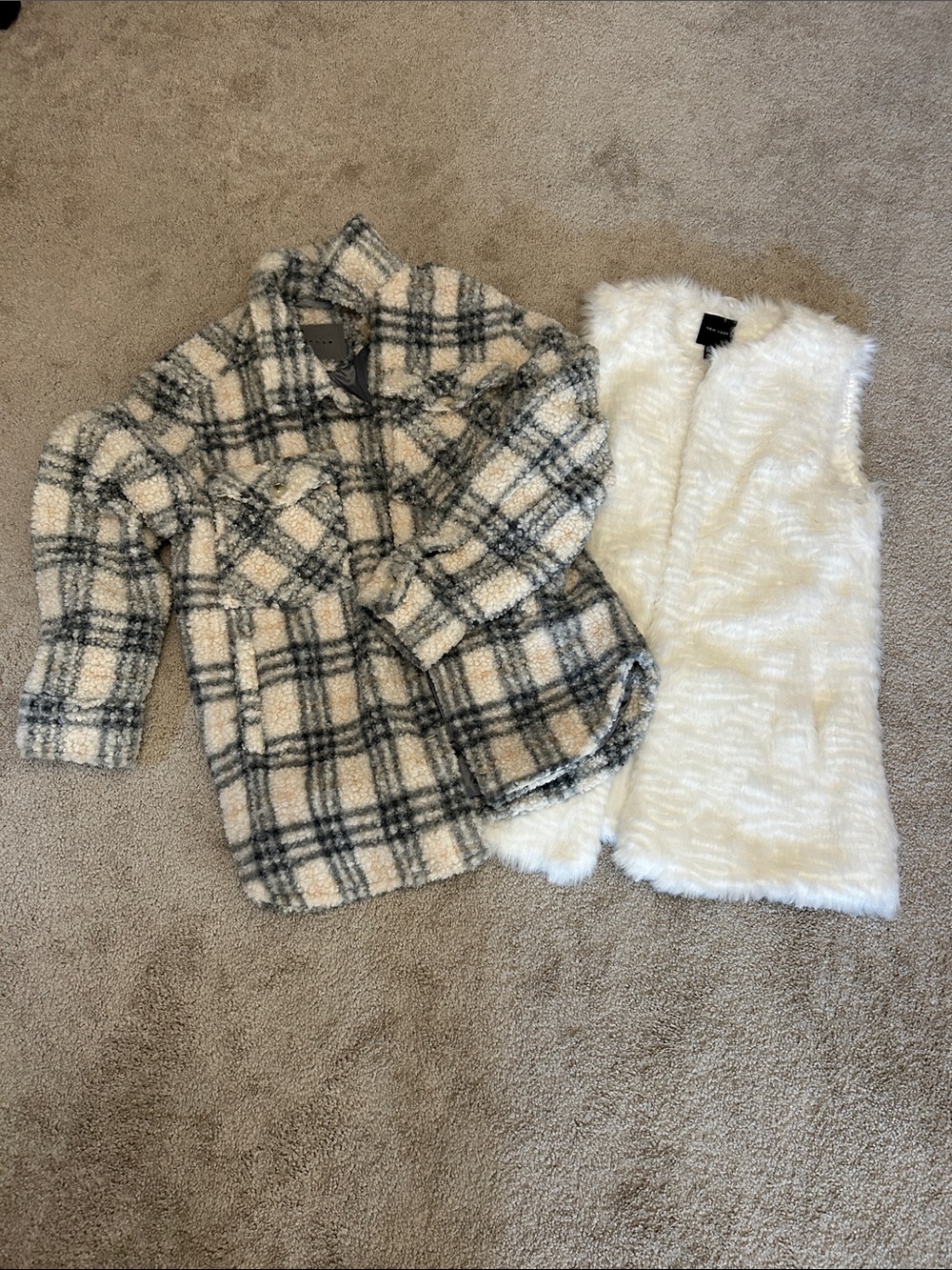Blank NYC Cream and Black Plaid Shacket with Cream Faux Fur Vest